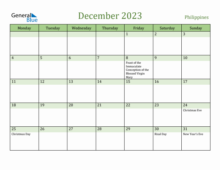 December 2023 Calendar with Philippines Holidays