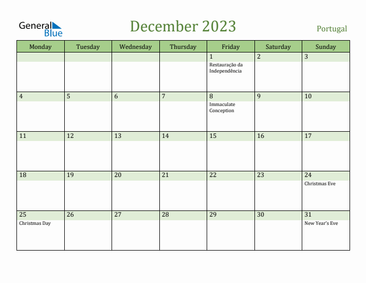 December 2023 Calendar with Portugal Holidays