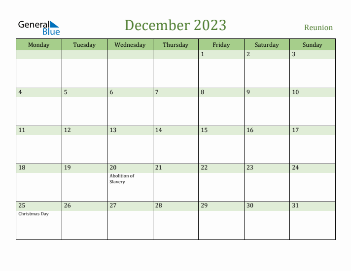 December 2023 Calendar with Reunion Holidays