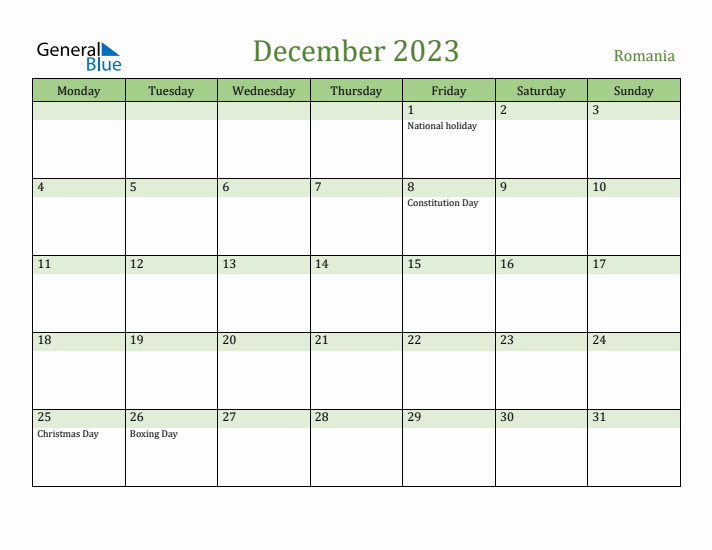 December 2023 Calendar with Romania Holidays