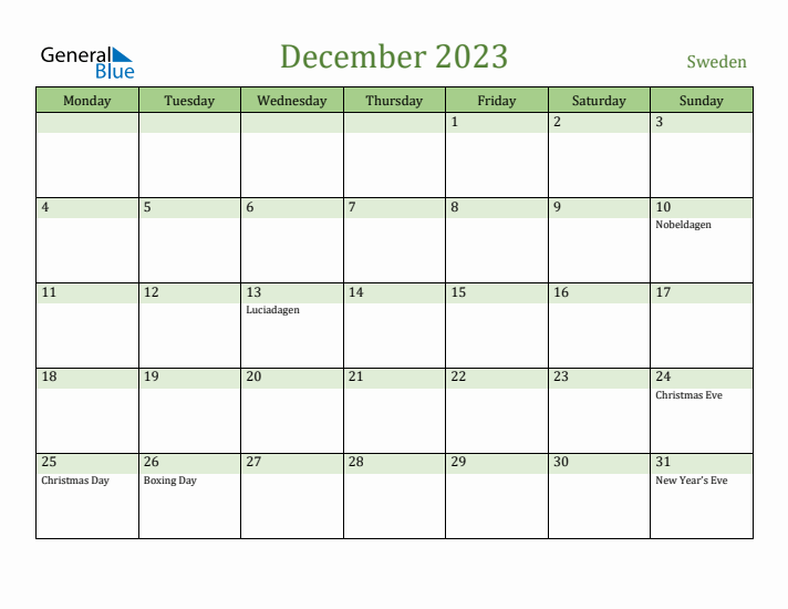 December 2023 Calendar with Sweden Holidays