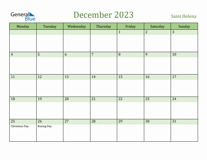 December 2023 Calendar with Saint Helena Holidays