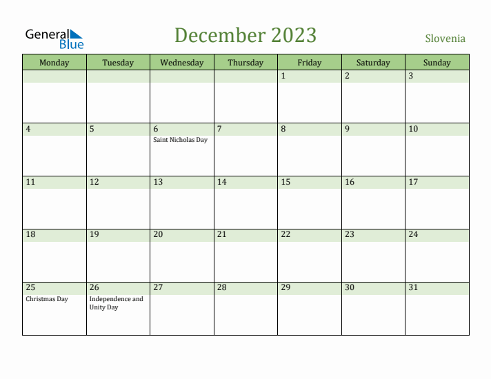 December 2023 Calendar with Slovenia Holidays