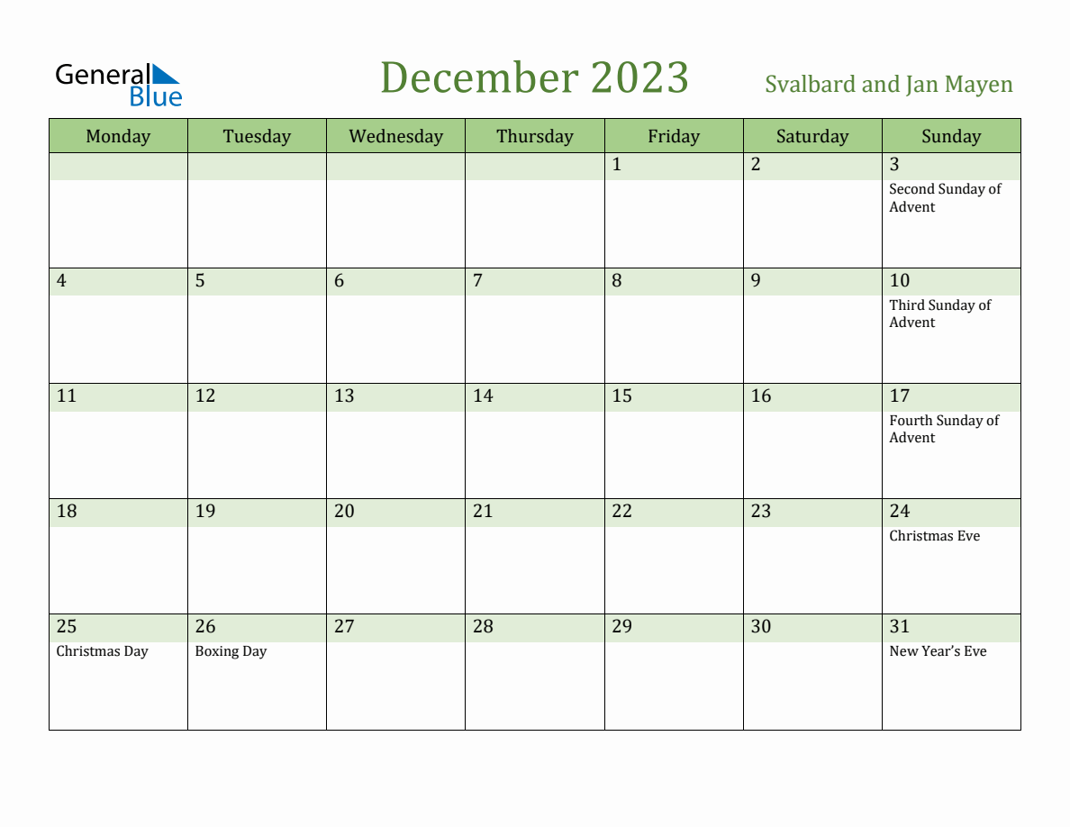 Fillable Holiday Calendar For Svalbard And Jan Mayen December 2023