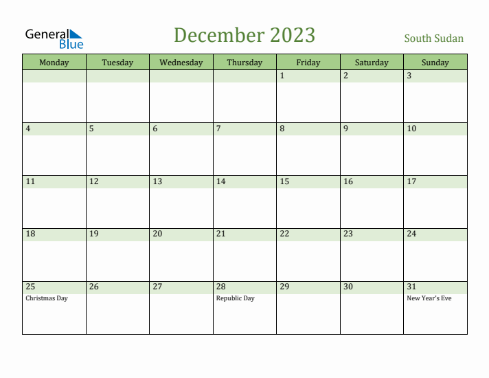 December 2023 Calendar with South Sudan Holidays