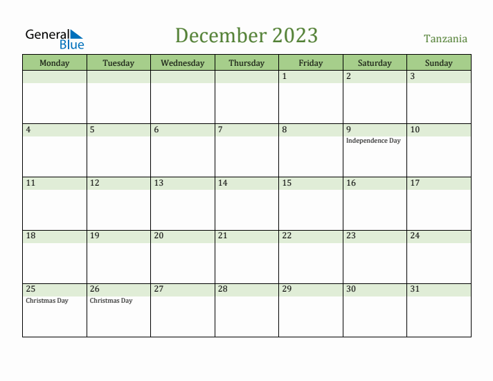 December 2023 Calendar with Tanzania Holidays