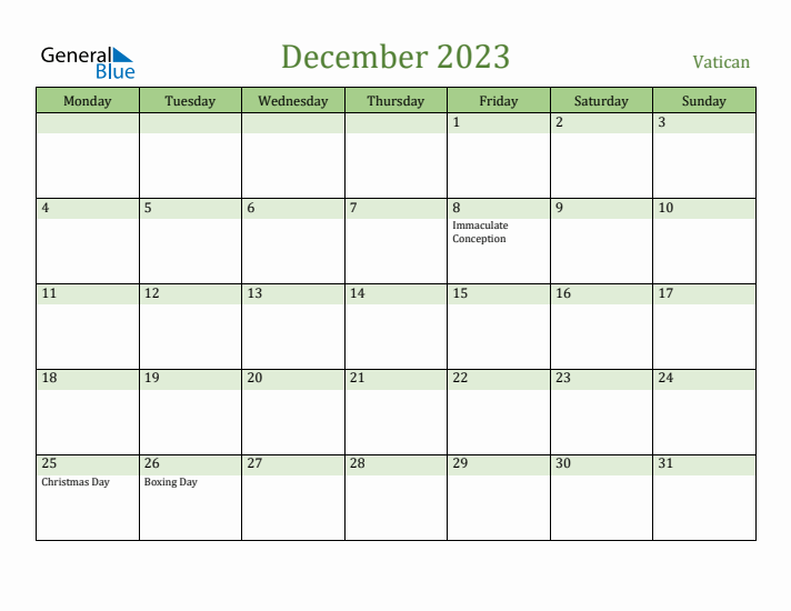 December 2023 Calendar with Vatican Holidays