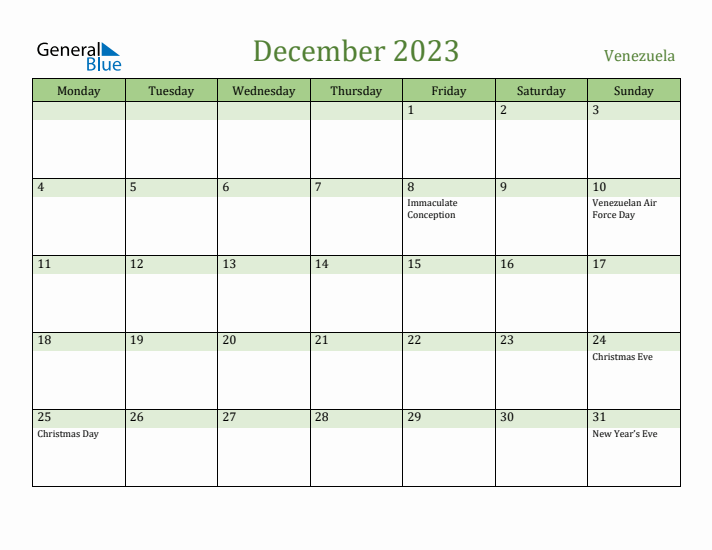 December 2023 Calendar with Venezuela Holidays