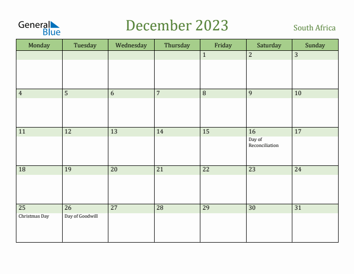 December 2023 Calendar with South Africa Holidays