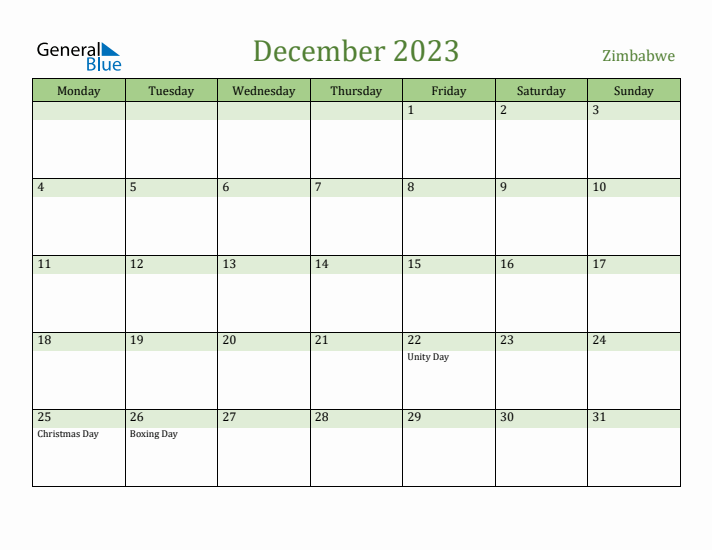 December 2023 Calendar with Zimbabwe Holidays