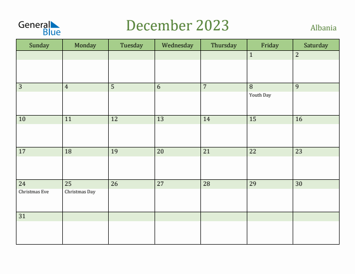 December 2023 Calendar with Albania Holidays