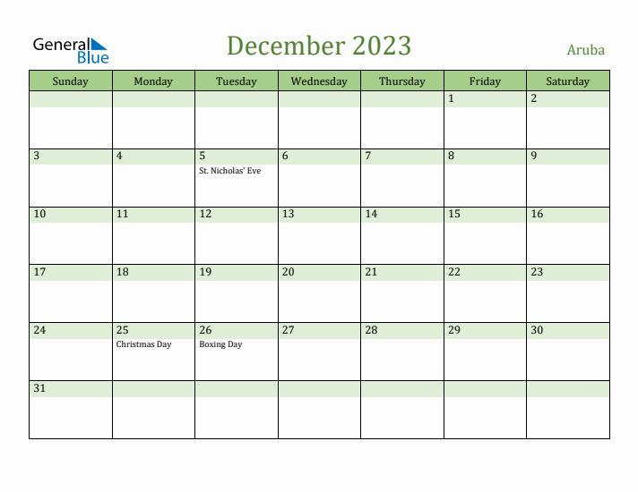 December 2023 Calendar with Aruba Holidays