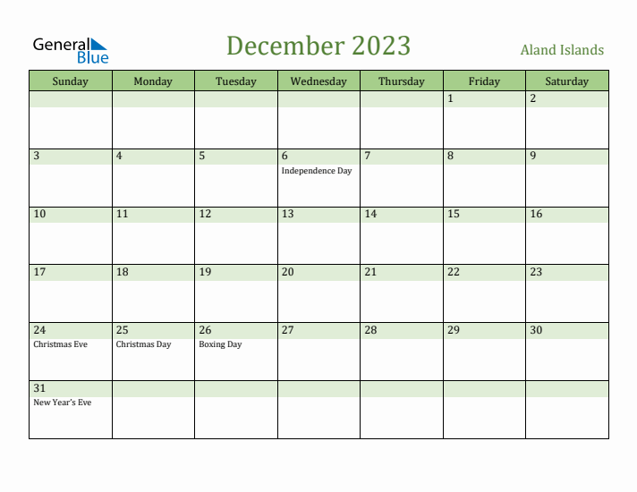 December 2023 Calendar with Aland Islands Holidays