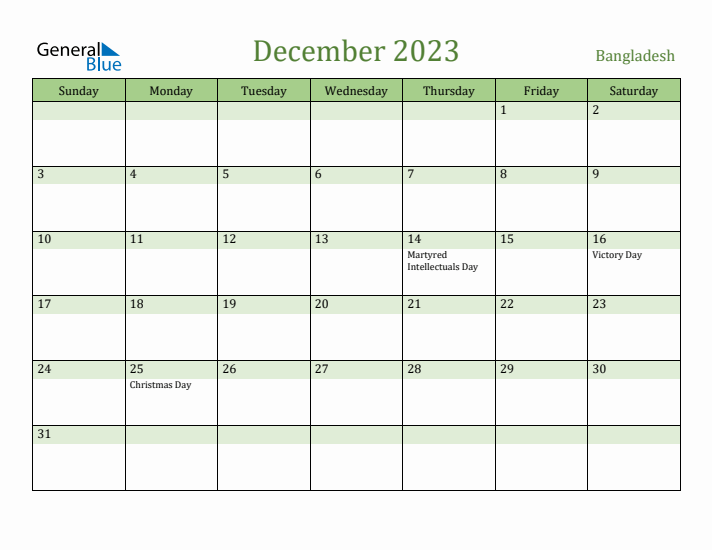 December 2023 Calendar with Bangladesh Holidays