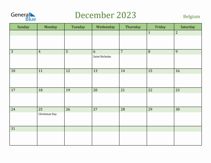 December 2023 Calendar with Belgium Holidays