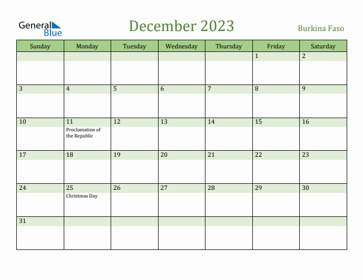 December 2023 Calendar with Burkina Faso Holidays