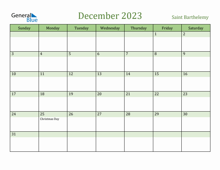 December 2023 Calendar with Saint Barthelemy Holidays