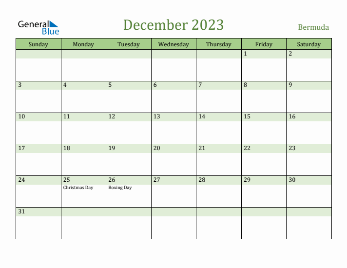 December 2023 Calendar with Bermuda Holidays