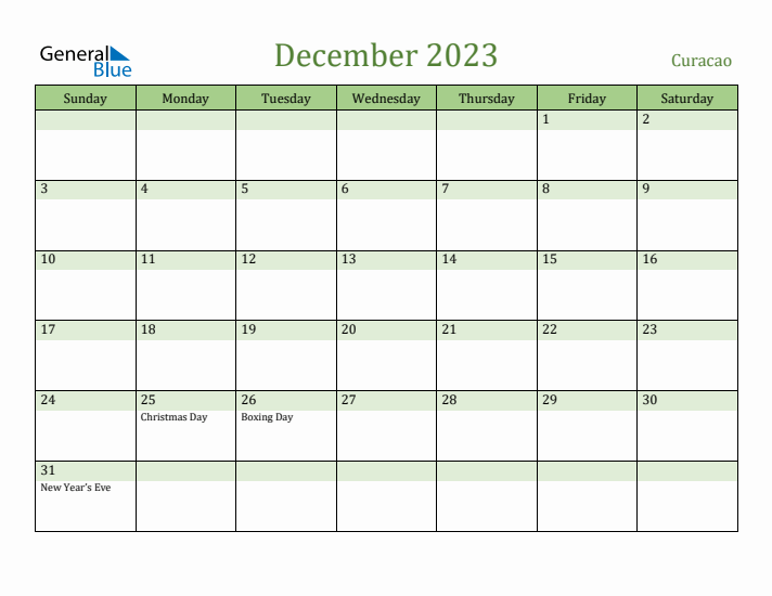 December 2023 Calendar with Curacao Holidays