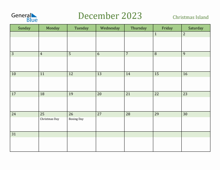 December 2023 Calendar with Christmas Island Holidays