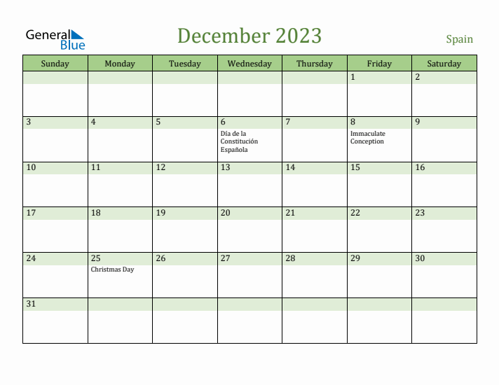 December 2023 Calendar with Spain Holidays