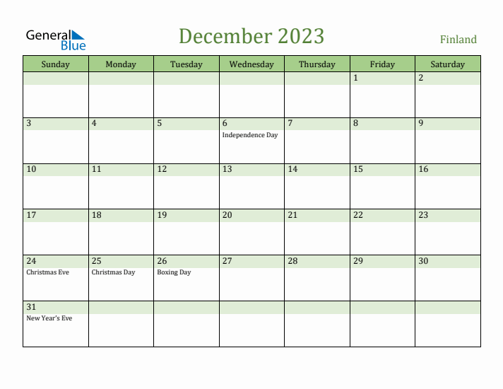 December 2023 Calendar with Finland Holidays