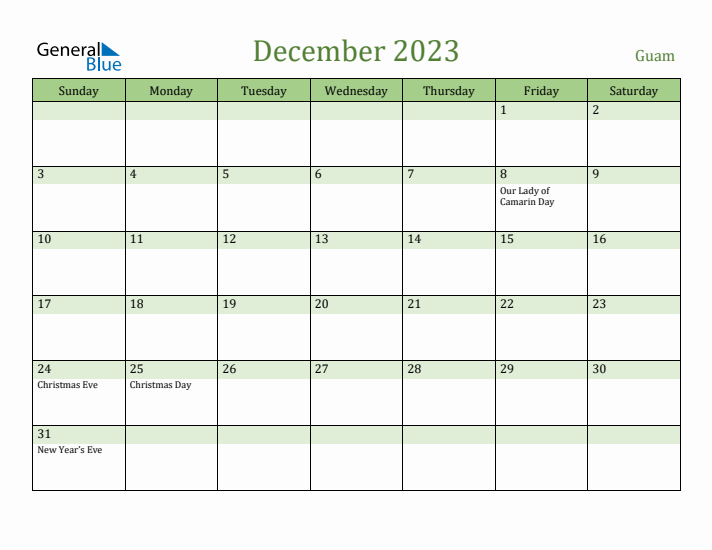 December 2023 Calendar with Guam Holidays
