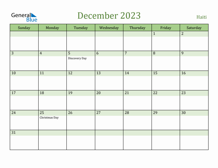 December 2023 Calendar with Haiti Holidays