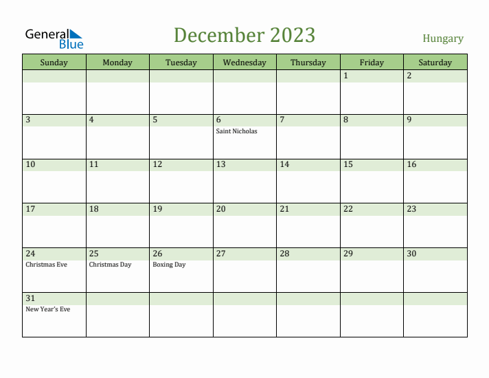 December 2023 Calendar with Hungary Holidays