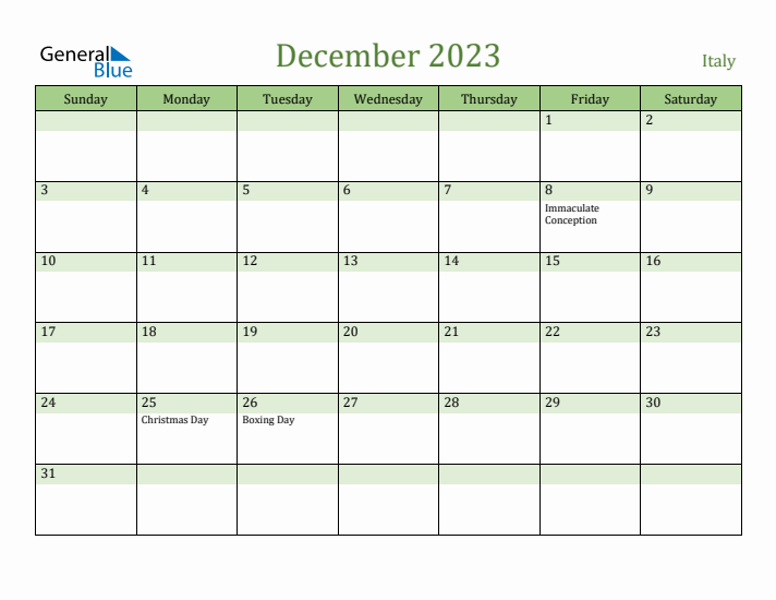 December 2023 Calendar with Italy Holidays