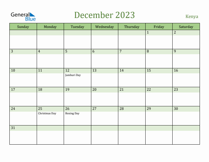 December 2023 Calendar with Kenya Holidays