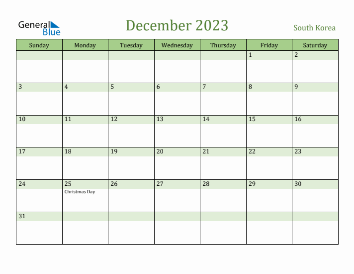 December 2023 Calendar with South Korea Holidays