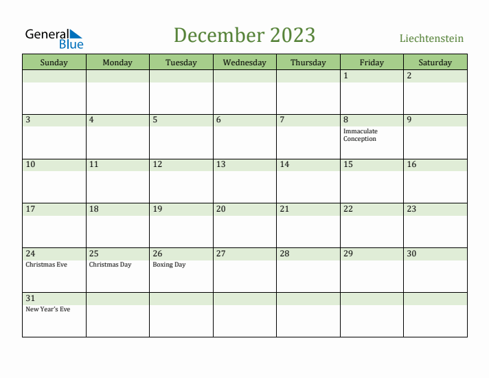 December 2023 Calendar with Liechtenstein Holidays