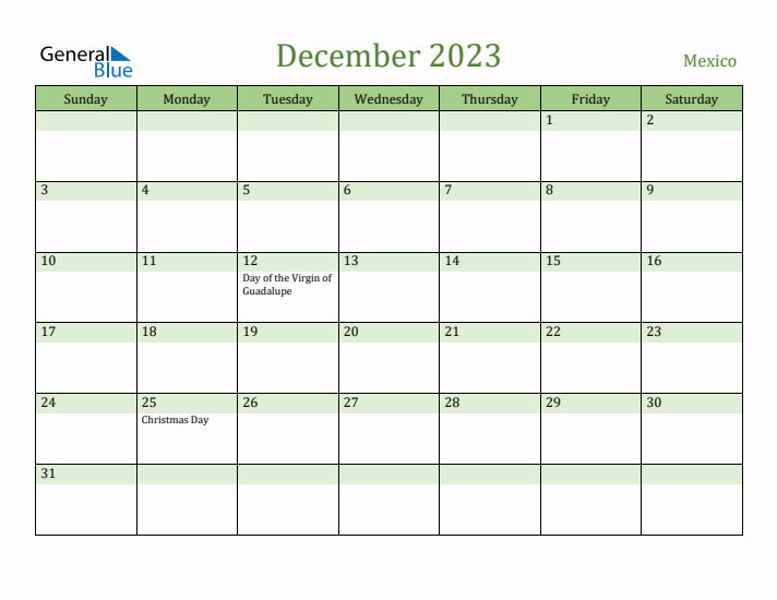 December 2023 Calendar with Mexico Holidays