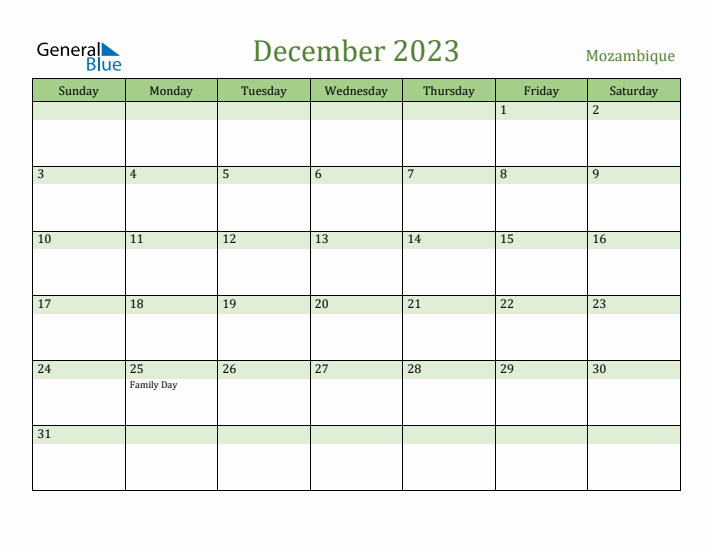 December 2023 Calendar with Mozambique Holidays