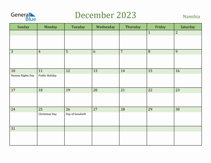 December 2023 Calendar with Namibia Holidays