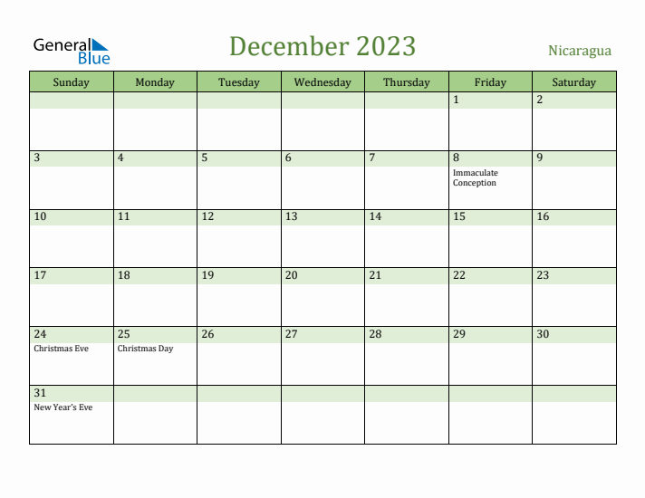 December 2023 Calendar with Nicaragua Holidays