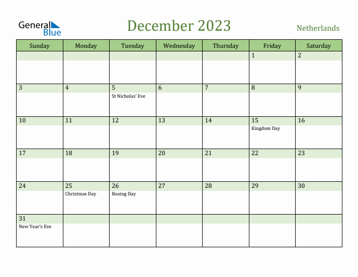 December 2023 Calendar with The Netherlands Holidays