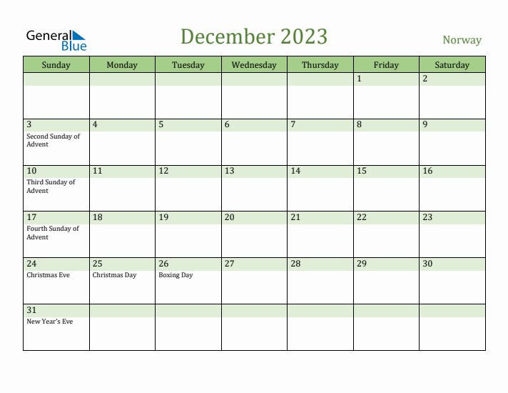 December 2023 Calendar with Norway Holidays