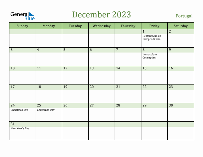 December 2023 Calendar with Portugal Holidays
