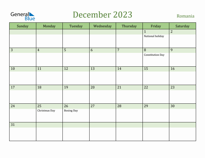 December 2023 Calendar with Romania Holidays