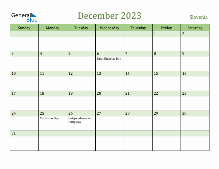 December 2023 Calendar with Slovenia Holidays