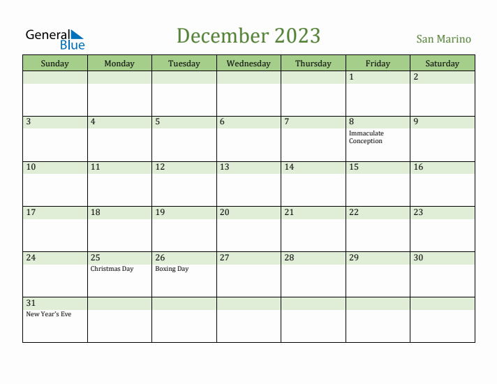 December 2023 Calendar with San Marino Holidays