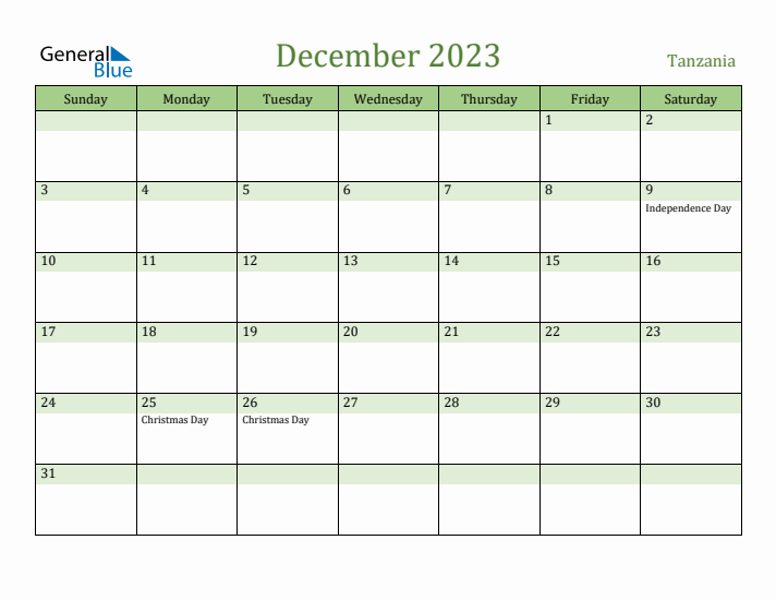 December 2023 Calendar with Tanzania Holidays