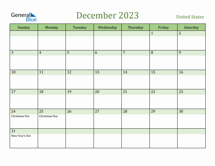December 2023 Calendar with United States Holidays