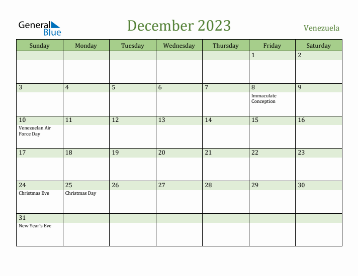 December 2023 Calendar with Venezuela Holidays