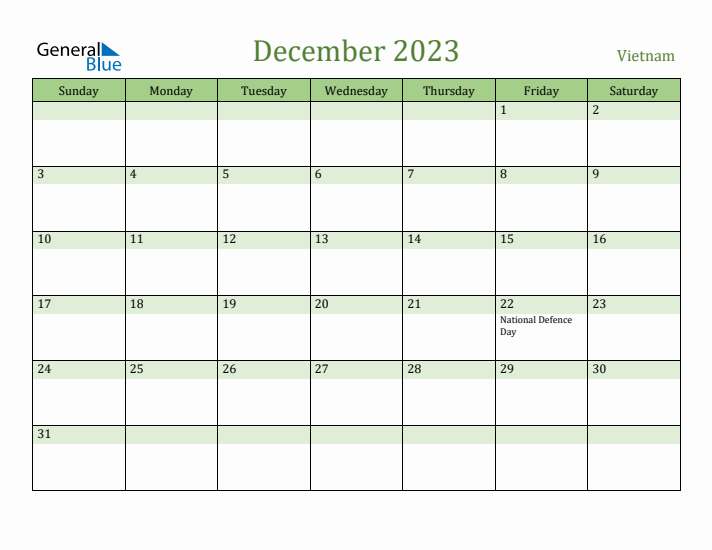December 2023 Calendar with Vietnam Holidays