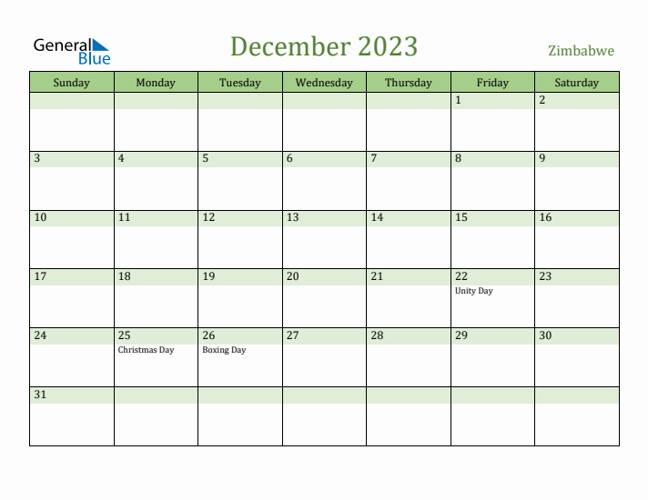 December 2023 Calendar with Zimbabwe Holidays