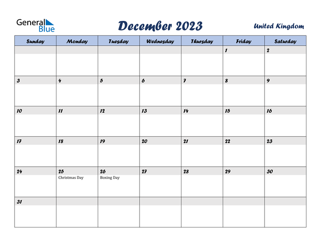 December 2023 Calendar with United Kingdom Holidays