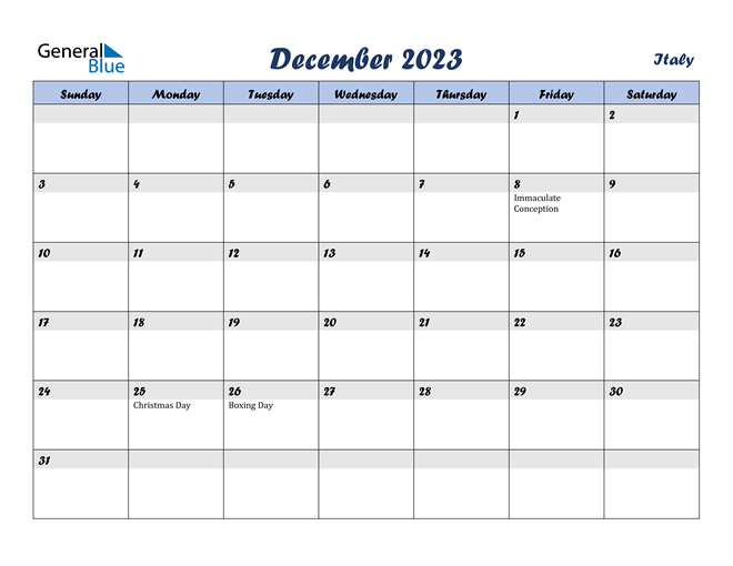 Italy December 2023 Calendar with Holidays